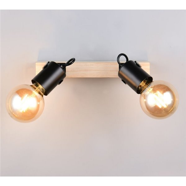 Spot de parede/teto, 2 luzes, LYNAR, madeira e metal, lâmpada excluindo 2x E27, máx. 10W, IP20, preto