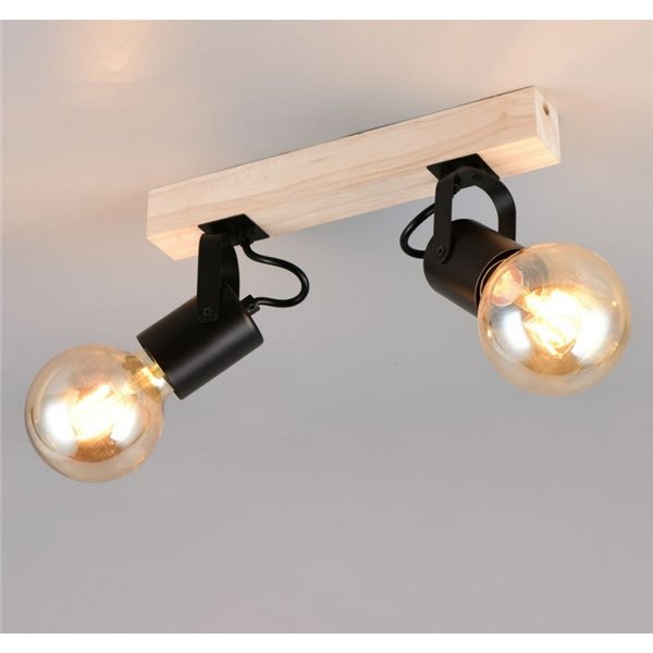 Spot de parede/teto, 2 luzes, LYNAR, madeira e metal, lâmpada excluindo 2x E27, máx. 10W, IP20, preto