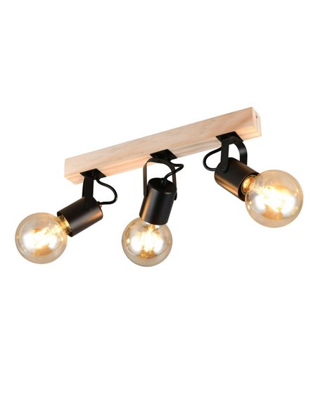 Spot mural/plafonnier 3 lampes, LYNAR, bois et métal, ampoule non incluse : 3 x E27, max. 10 W, IP20, noir