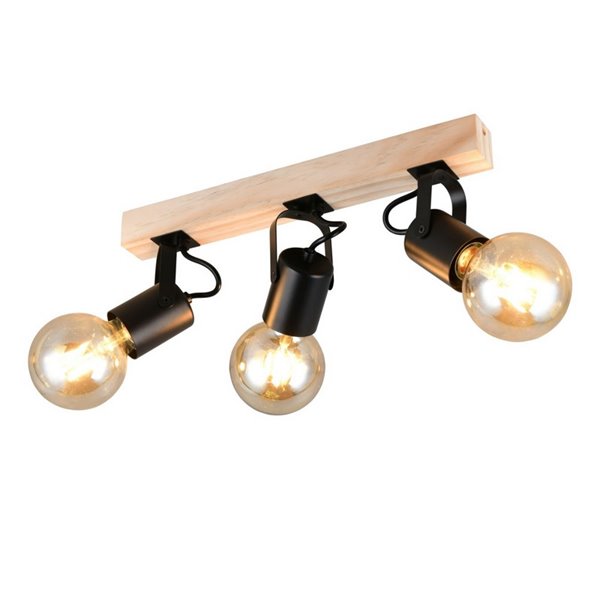 Spot mural/plafonnier 3 lampes, LYNAR, bois et métal, ampoule non incluse : 3 x E27, max. 10 W, IP20, noir