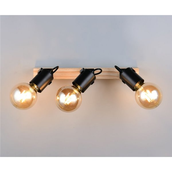 Spot mural/plafonnier 3 lampes, LYNAR, bois et métal, ampoule non incluse : 3 x E27, max. 10 W, IP20, noir