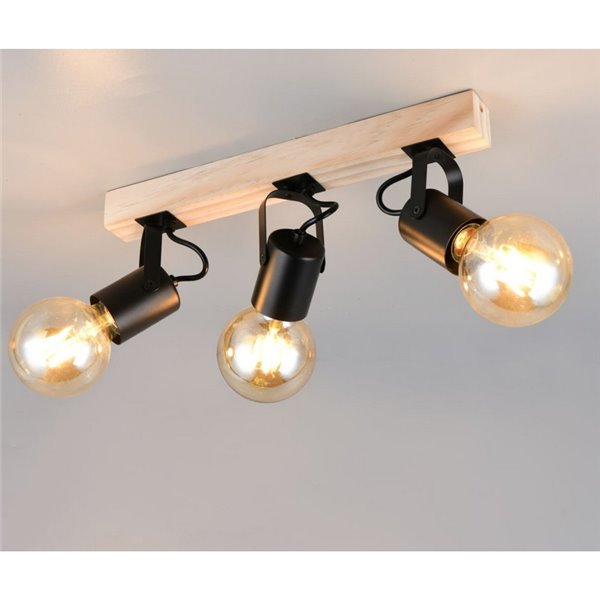 Spot mural/plafonnier 3 lampes, LYNAR, bois et métal, ampoule non incluse : 3 x E27, max. 10 W, IP20, noir