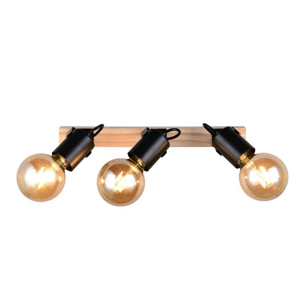 Spot mural/plafonnier 3 lampes, LYNAR, bois et métal, ampoule non incluse : 3 x E27, max. 10 W, IP20, noir