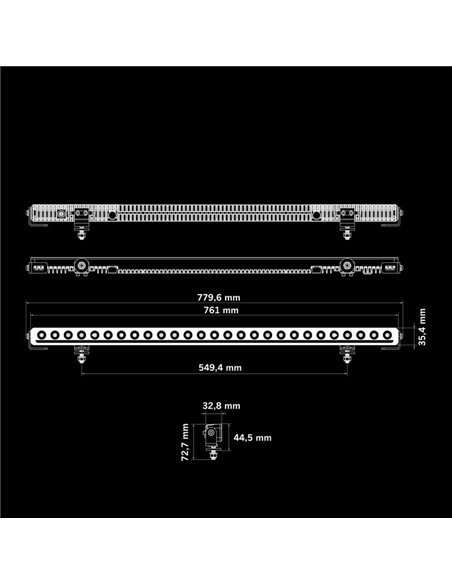 Barre LED NUUK D-Line 30" 15 500 lm 5 000 K 556 m 165 W IP69K Feu de position ambre/blanc homologué ECE R148/R149