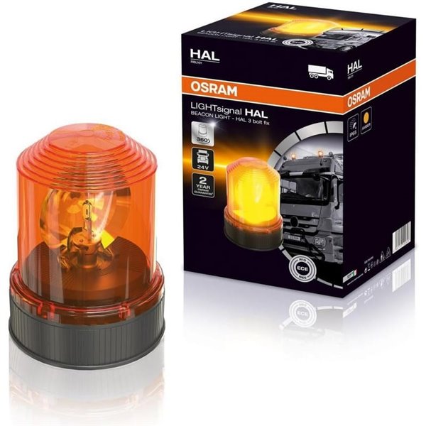 Baliza de advertencia rotativa 360º halógena OSRAM LIGHTsignal HAL base 3 tornillos, 24V ámbar 70W 2200k 1900Lm, IP65