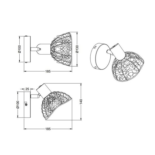 Spot mural/plafonnier YAKO avec abat-jour en maille, ampoule non incluse : 1 x E14 max. 40 W, IP20, noir
