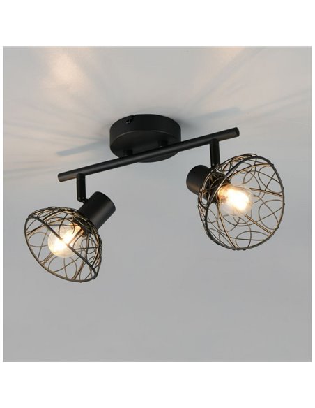 Spot mural/plafonnier YAKO 2 lampes avec abat-jour en maille, ampoule exclue : 1 x E14 max. 40 W IP20, noir/bois