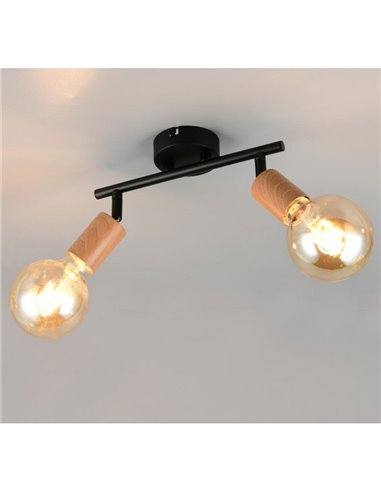 Fita de teto/parede LAMEGO de 2 focos, excluindo lâmpadas, 2x E27, máx. 10 W, IP20, preto/madeira