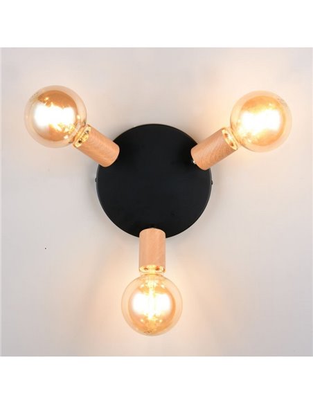 Luminária de teto LAMEGO com 3 lâmpadas, excluindo 3x E27, máx. 10W, IP20, preta/madeira