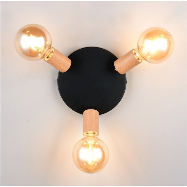 Plafonnier LAMEGO 3 ampoules, sans 3x E27, max. 10W, IP20, noir/bois