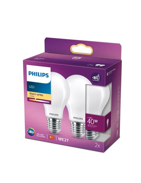 Pack 2 bombillas LED E27 classic 4,5W equivalente 40W A60, 2700K, cristal opaco, 470Lm