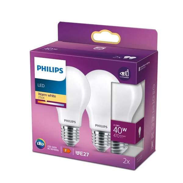 Pack 2 bombillas LED E27 classic 4,5W equivalente 40W A60, 2700K, cristal opaco, 470Lm
