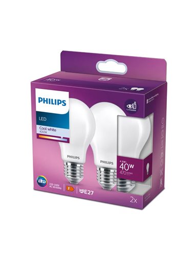 Pack 2 bombillas LED E27 classic 4,5W equivalente 40W A60, 4000K, cristal opaco, 470Lm