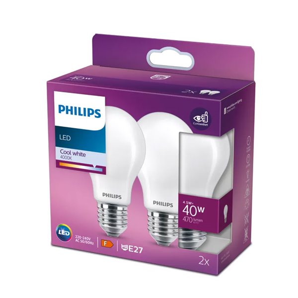 Pack de 2 ampoules LED classiques E27 4,5W équivalent 40W A60, 4000K, verre opaque, 470Lm