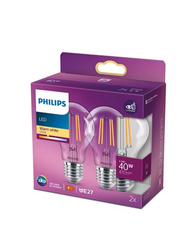 Pack 2 bombillas LED E27 classic de filamento transparente 4,3W equivalente 40W A60, 2700K, 470Lm