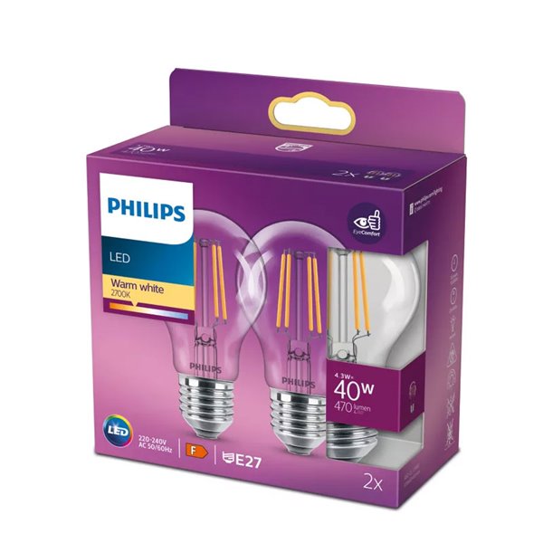 Pack 2 bombillas LED E27 classic de filamento transparente 4,3W equivalente 40W A60, 2700K, 470Lm
