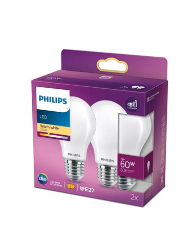 Pacote de 2 lâmpadas LED E27 Classic, vidro opaco, 7W, equivalente a 60W A60, 2700K, 806Lm