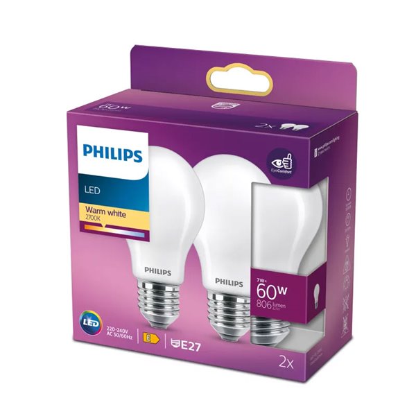 Pack 2 bombillas LED E27 Classic cristal opaco 7W equivalente 60W A60, 2700K, 806Lm