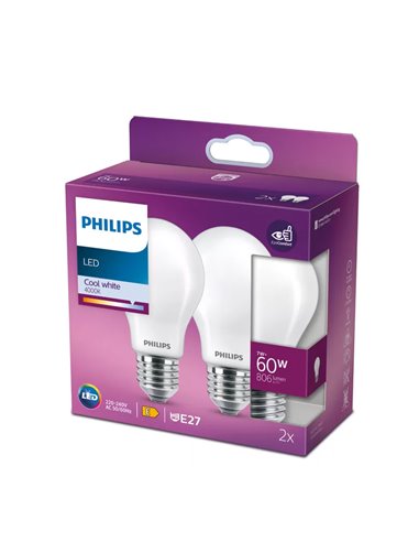 Pacote de 2 lâmpadas LED E27 Classic, vidro opaco, 7W, equivalente a 60W A60, 4000K, 806Lm