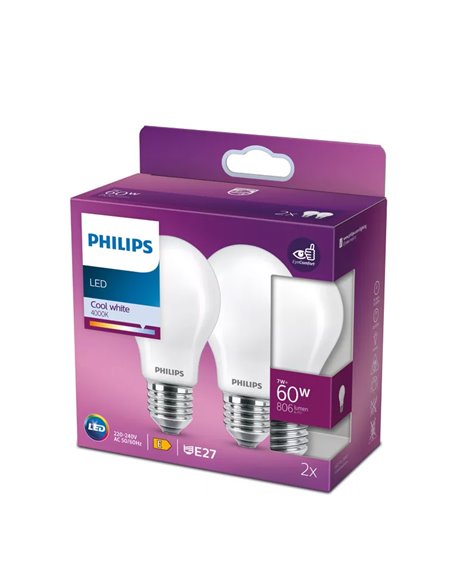 Pacote de 2 lâmpadas LED E27 Classic, vidro opaco, 7W, equivalente a 60W A60, 4000K, 806Lm