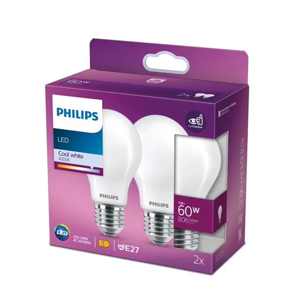 Pack de 2 ampoules LED E27 Classic, verre opaque, 7W, équivalent 60W A60, 4000K, 806Lm