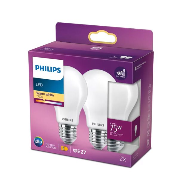 Pack 2 bombillas LED classic E27 8,5W equivalente a 75W A60, 2700K 1055Lm, cristal opaco