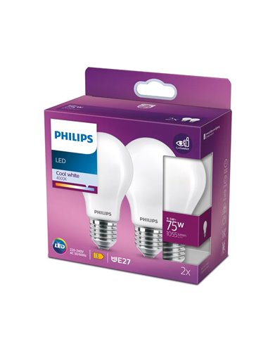 Pack 2 bombillas LED classic E27 8,5W equivalente a 75W A60, 4000K 1055Lm, cristal opaco
