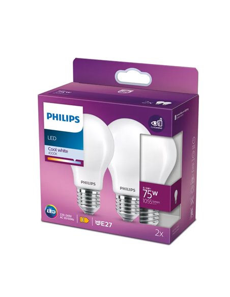 Pack 2 bombillas LED classic E27 8,5W equivalente a 75W A60, 4000K 1055Lm, cristal opaco
