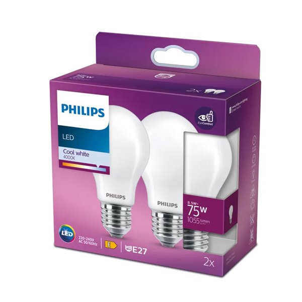 Pack 2 bombillas LED classic E27 8,5W equivalente a 75W A60, 4000K 1055Lm, cristal opaco