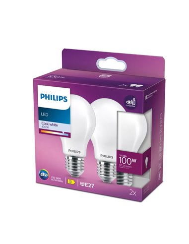 Pack de 2 ampoules LED classiques E27 10,5W, équivalent 100W A60, 4000K, 1521Lm, verre opaque