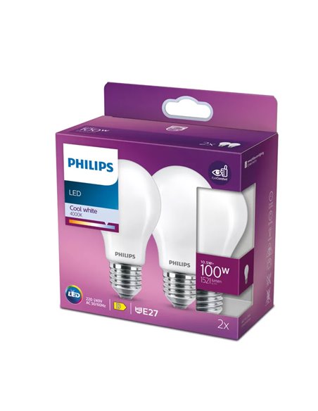 Pacote de 2 lâmpadas LED clássicas E27 10,5W, equivalente a 100W A60, 4000K, 1521Lm, vidro opaco