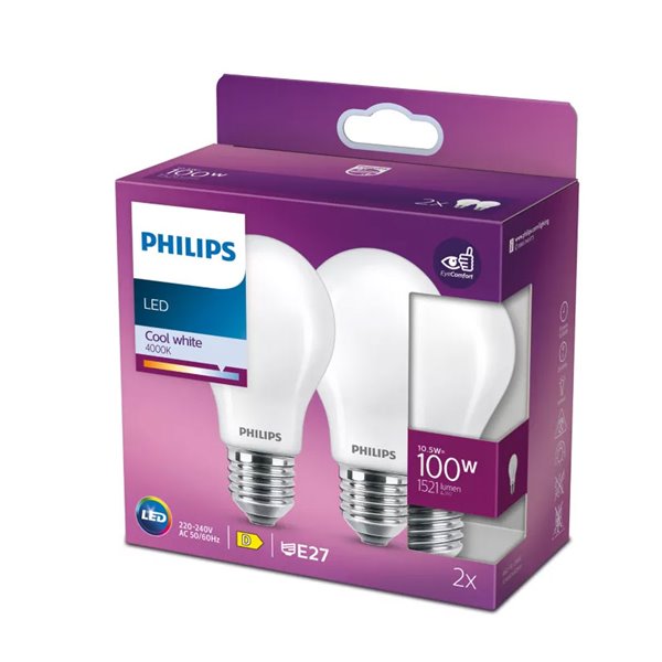 Pacote de 2 lâmpadas LED clássicas E27 10,5W, equivalente a 100W A60, 4000K, 1521Lm, vidro opaco