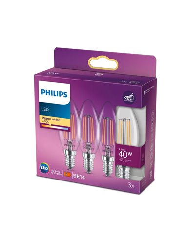 Pack de 3 ampoules LED classiques à filament bougie E14 4,3 W équivalent à 40 W B35, 2700 K 470 Lm