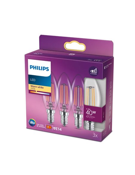 Pack de 3 ampoules LED classiques à filament bougie E14 4,3 W équivalent à 40 W B35, 2700 K 470 Lm