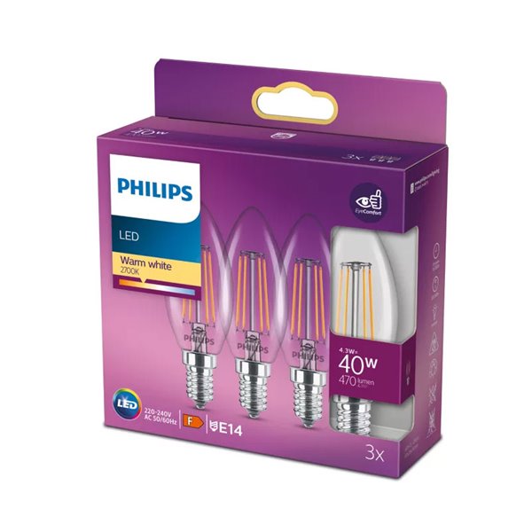 Pack de 3 bombillas LED E14 vela filamento classic 4,3W equivalente a 40W B35, 2700K 470Lm