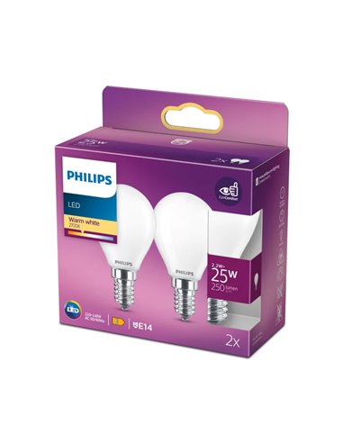 Pack 2 bombillas LED E14 classic 2,2W equivalente a 25W P45, 2700K 250Lm, cristal opaco