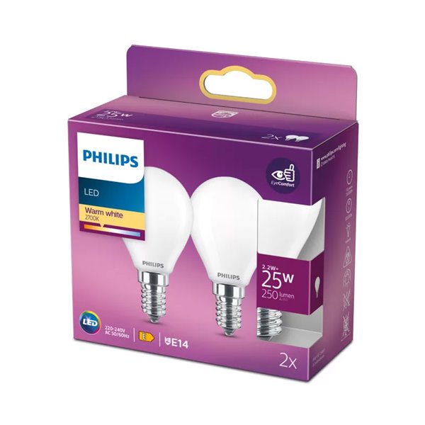 Pack 2 bombillas LED E14 classic 2,2W equivalente a 25W P45, 2700K 250Lm, cristal opaco