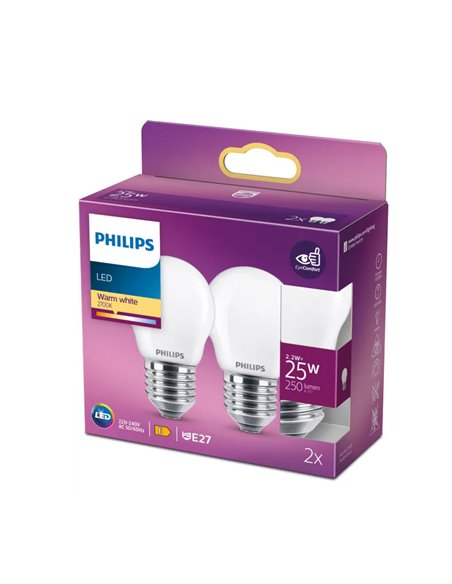Pack 2 bombillas LED classic E27 2,2W equivalente a 25W P45, 2700K 250Lm, cristal opaco