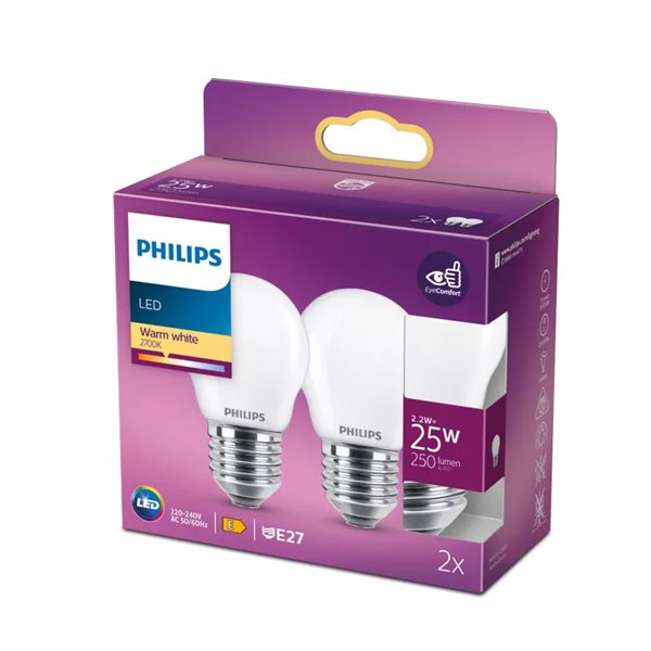 Pacote de 2 lâmpadas LED clássicas E27 2,2W, equivalente a 25W P45, 2700K 250Lm, vidro opaco
