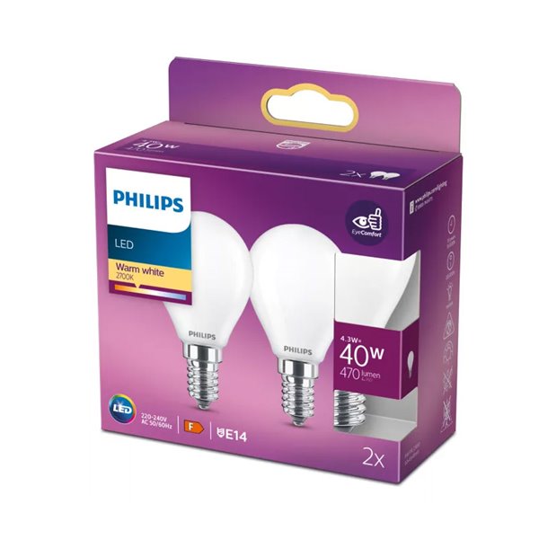 Pack 2 bombillas LED classic E14 vela filamento opaco 4,3W equivalente a 40W P45, 2700K 470Lm