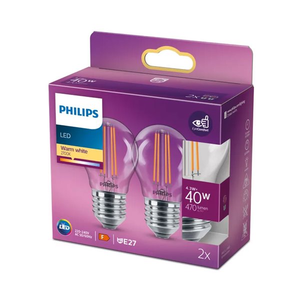 Pack de 2 ampoules LED filament classiques E27, 4,3W équivalent à 40W P45, 2700K, 470Lm