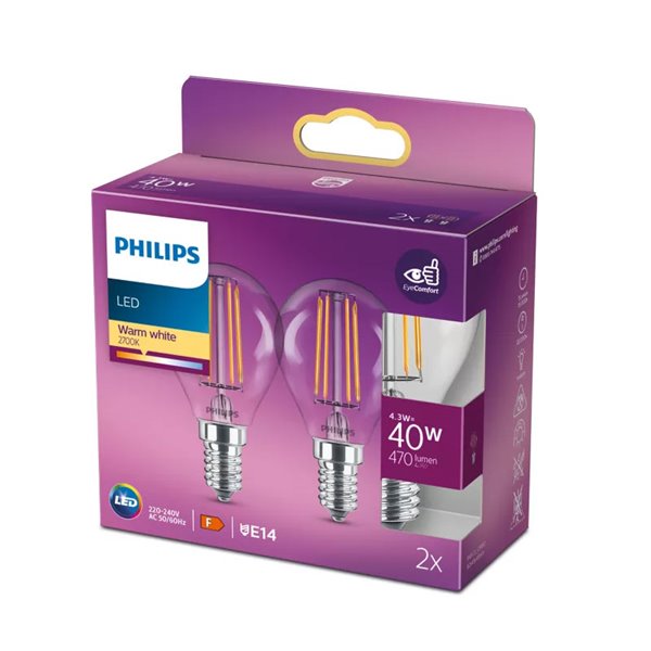 Pack de 2 ampoules LED filament classiques E14 4,3W équivalent à 40W P45, 2700K 470Lm
