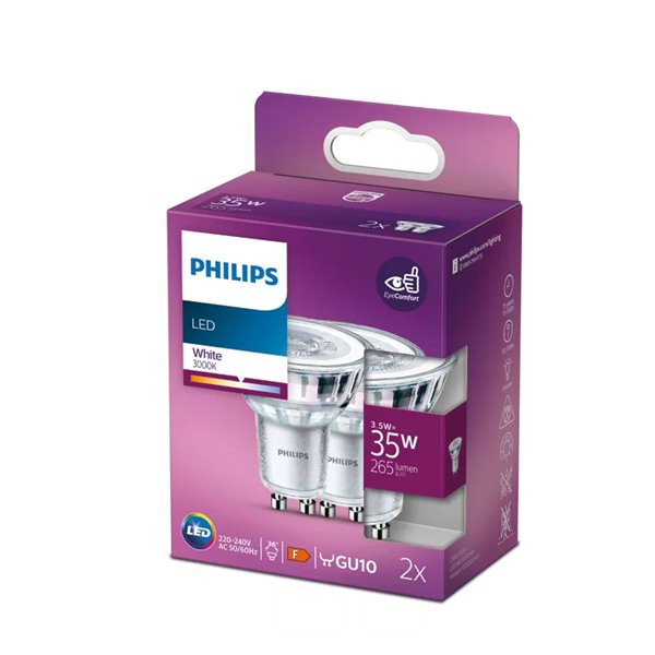 Pack 2 bombillas GU10 LEDClassic 3,5W equivalente a 35W, 36D, 3000K 265Lm