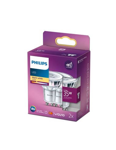 Pack 2 bombillas GU10 LEDClassic 3,5W equivalente a 35W, 36D,  2700L 255Lm