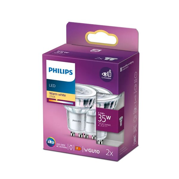 Pack 2 bombillas GU10 LEDClassic 3,5W equivalente a 35W, 36D,  2700L 255Lm