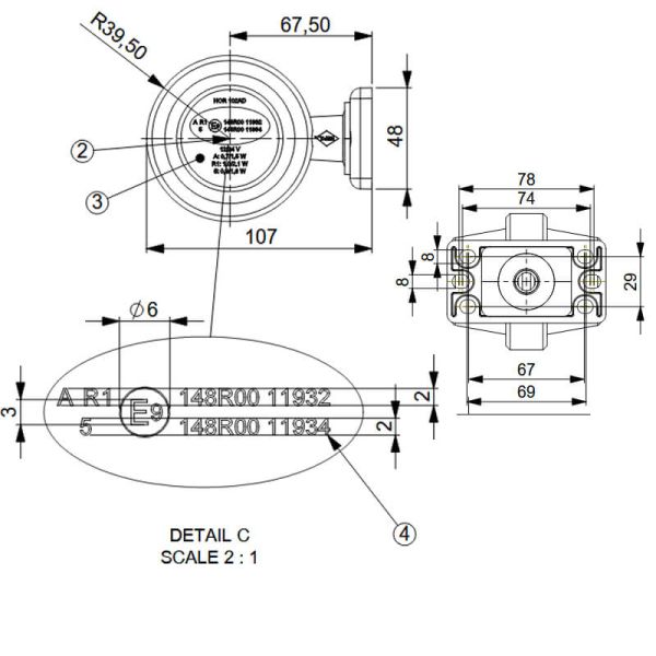 Medidas Intermitente lateral LED ahumado LKD 2590 GRAPHITE con brazo corto 12/24V IP68 E9