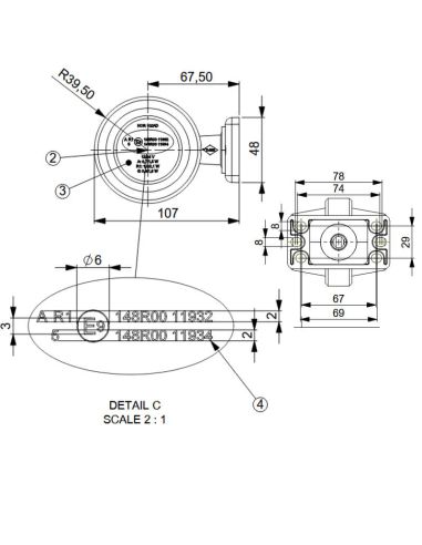 Medidas Luz de gálibo LED LD 2622 GRAPHITE 12/24V con brazo corto naranja y roja IP68