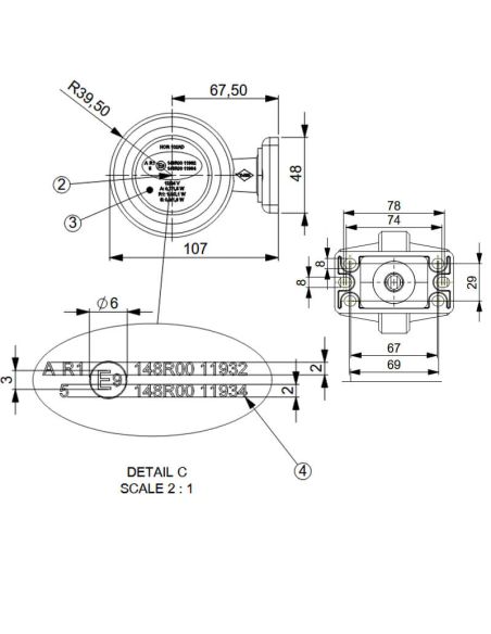 Medidas Luz de gálibo LED LD 2622 GRAPHITE 12/24V con brazo corto naranja y roja IP68