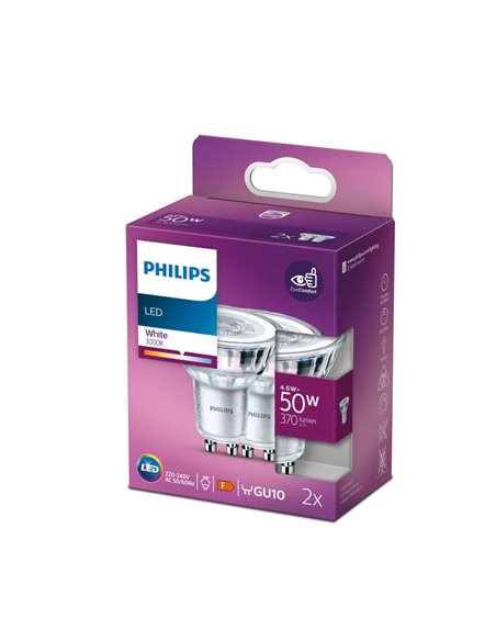 Pack 2 bombillas GU10 LEDClassic 4,6W equievalente a 50W, 36D 3000K 370Lm