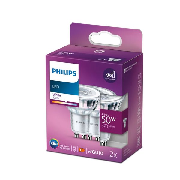 Pack 2 bombillas GU10 LEDClassic 4,6W equievalente a 50W, 36D 3000K 370Lm